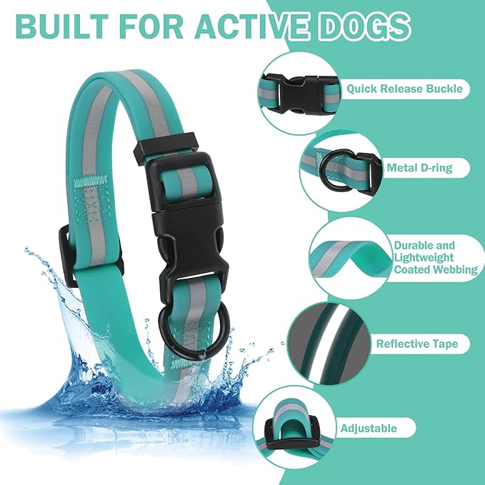 Waterproof Dog Collar, Soft Rubber with Safety Buckle - Adjustable Dog Collars for Large Small Medium Dogs Puppy, Heavy Duty Odor-Resistant Reflective Pet Collar, Aqua Blue L