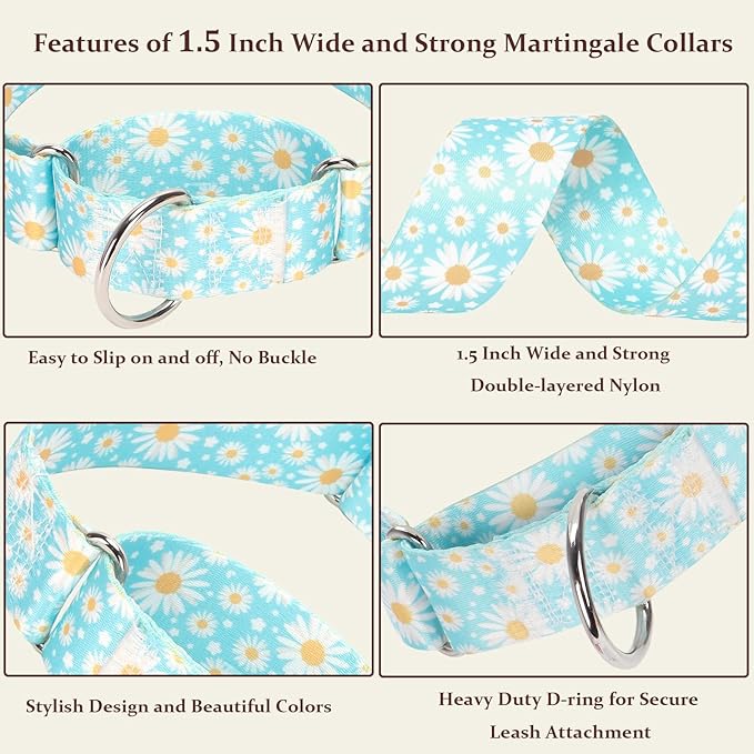 1.5 Inches Wide Martingale Dog Collar, Heavy Duty Adjustable Collar with Rwith Blue Daisy Floral Design, Military Grade Strong Dog Collar for Large/X-Large Breeds (M)
