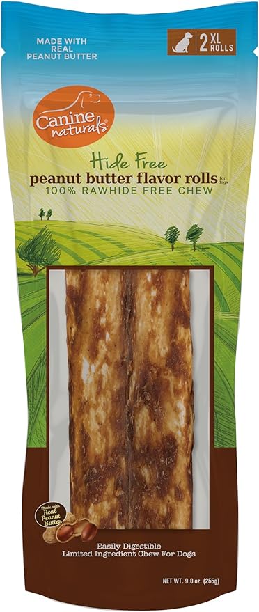 Canine Naturals Peanut Butter Chew - 100% Rawhide Free Dog Treats - Made with Real Peanut Butter - All-Natural and Easily Digestible - 2 Pack of 9 Inch Extra Large Rolls for Dogs 75 lbs and Upp