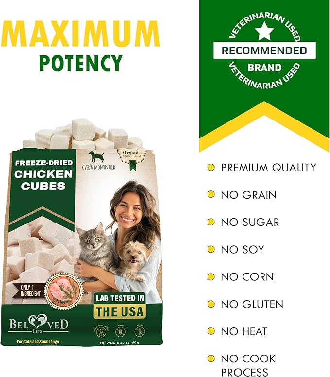 Beloved Pets Dog & Cat Treats Freeze Dried Chicken Cubes 5.5 oz - All Natural Meat Raw Pet Food - Human Grade High-Protein Snacks & Grain-Free Jerky Chews for Cats and Small Dogs