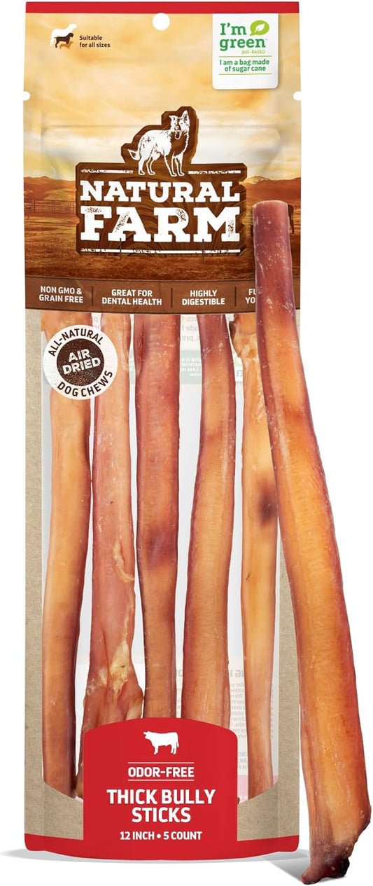 Natural Farm Odor-Free Thick Bully Sticks (12”, 5-Pack) All-Natural Long-Lasting Dog Chews, 100% Beef Pizzle, Grass-Fed, Grain-Free, Protein for Muscle Development & Energy, Perfect for Large Dogs