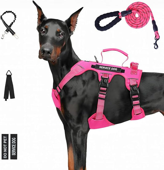 Escape Proof Dog Harness for Large Medium Sized Dogs Six Point Adjustable, Service Dog Vest Harness and Leash Set, No Pull Dogs Harnesses with Handle, XL Dog Harnesses for Walking(Pink, XL)