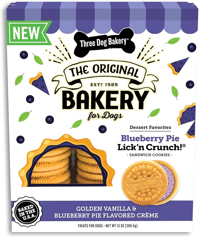 Three Dog Bakery Blueberry Pie Lick'n Crunch! Sandwich - Cookies with Real Blueberries, Puppy Cookies, Dog Birthday, Drool-Worthy Dog Bakery Snack