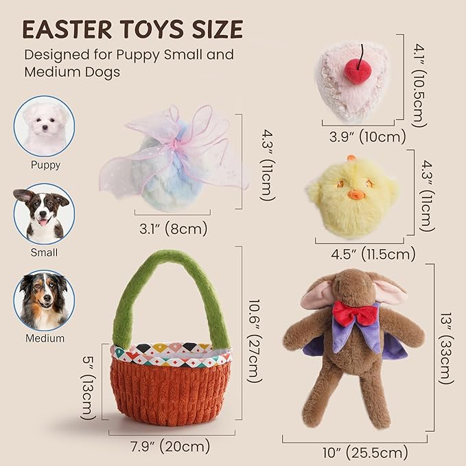 Nocciola 5 Pack Easter Dog Toys with a Basket - Durable Stuffed Plush Dog Squeaky Puppy Toys for Small, Medium and Large Breeds, Easter Gift with Easter Egg & Rabbit & Chick & Cake