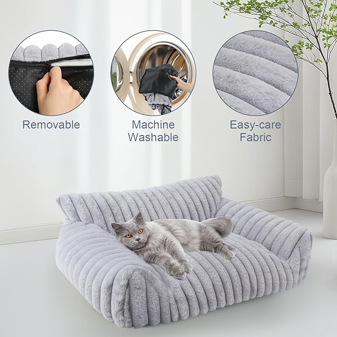 Cute Cat Couch Bed for Indoor Cats, Fluffy Pet Cat Sofa with Premium Soft Corduroy Fleece, Cute Small Dog Beds for Small Dogs, Fuzzy Puppy Chair with Removable Washable Cover (24x18x10,Grey)