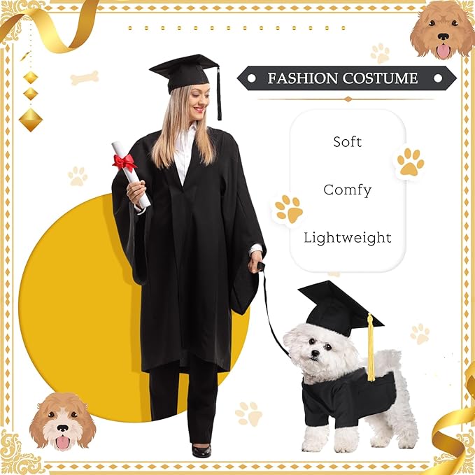 Xuniea 2 Pcs Dog Graduation Costume Set 2025 Dog Graduation Cap and Gown Puppy Hat with Tassel Matte Pet Grad Outfit Cats Grad Bear Holiday Party Costume Accessory(Black,Small)
