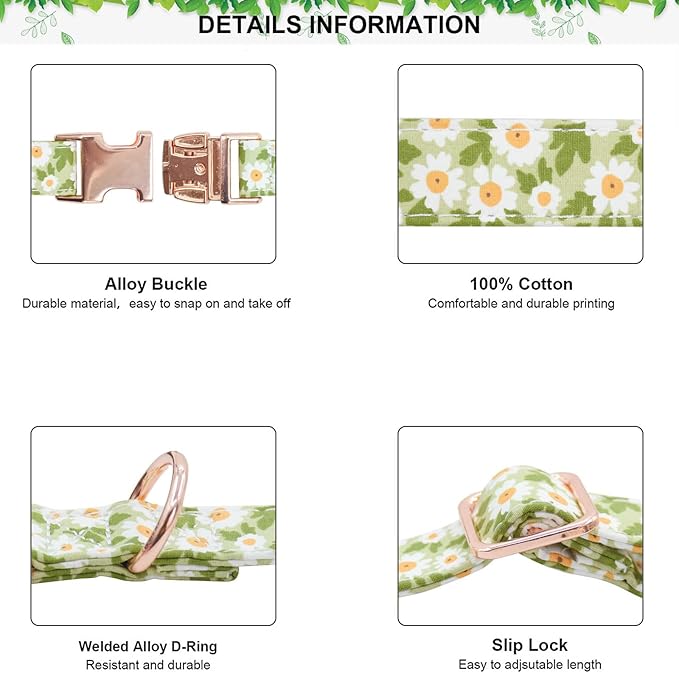 Metal Buckle Dog Collar, Durable Adjustable Dog Collar Soft for Small Medium Large Dogs (003-Green Flower, S(10-14in)