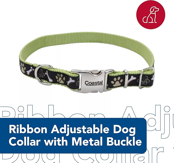 Coastal Pet - Ribbon - Adjustable Dog Collar with Metal Buckle, Brown Paws and Bones, 5/8" x 12"-18"
