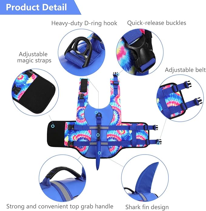ASENKU Dog Life Jacket, High Grade Polyester Oxford Nylon, Quick Drying, Proper Drainage, Shark Design, for Small Dogs, Blue Bandhnu