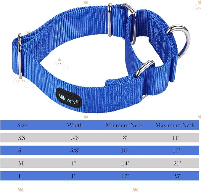 Mikivery Martingale Dog Collar Nylon Adjustable and Safety Training Colourful Comfortable Metal Buckle Pet Collars for Small Medium and Large Dogs(Royal Blue,M)