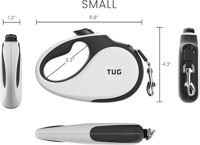 TUG 360° Tangle-Free Retractable Dog Leash with Anti-Slip Handle | 16 ft Strong Nylon Tape | One-Handed Brake, Pause, Lock (Small, White)