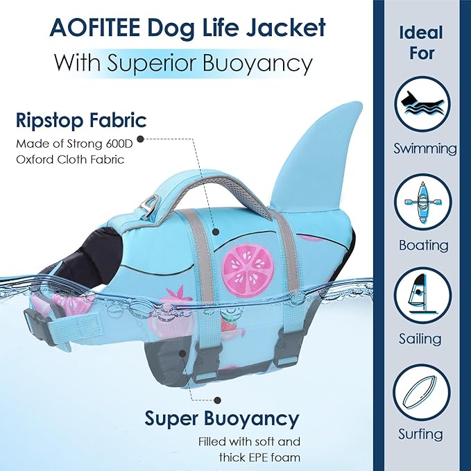 AOFITEE Dog Life Jacket, Shark Dog Life Vest for Swimming Boating, High Flotation Pet Lifesaver with Rescue Handle, Reflective French Bulldog Lifejacket, Life Jackets for Small Medium Large Dogs, M