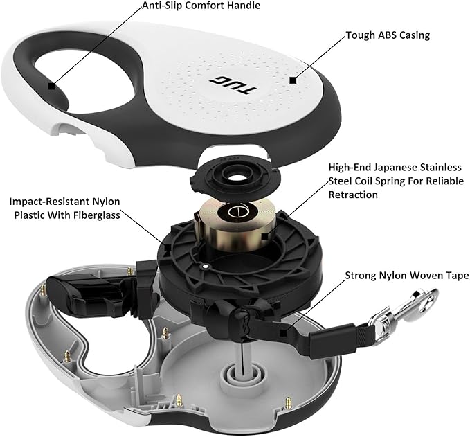 TUG 360° Tangle-Free Retractable Dog Leash with Anti-Slip Handle | 16 ft Strong Nylon Tape | One-Handed Brake, Pause, Lock (Small, White)