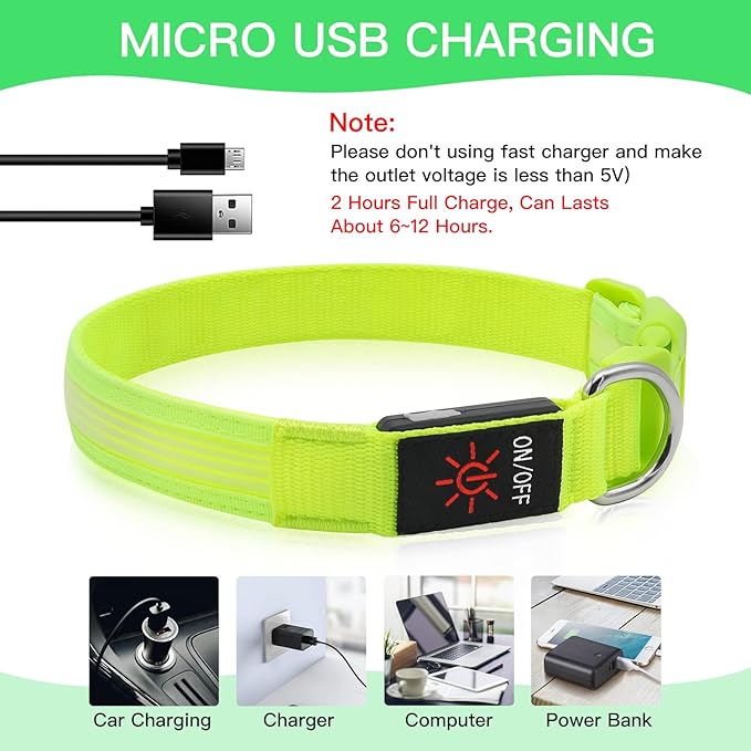 YFbrite Light up Dog Collar, USB Rechargeable LED Puppy Collar Super Bright Adjustable Glowing Dog Lights for Night Walking (Design 2-Green, Large)
