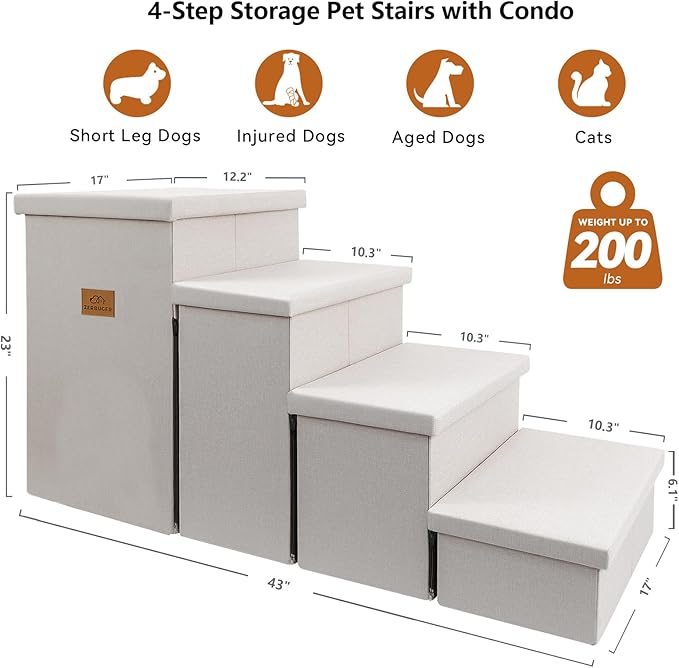Dog Stairs with Storage 23" H, 4-Step Wider Dog Steps for High Beds Window, Folding Sturdy Pet Stairs Gift for Small/Medium/Large Old Dogs Cat, Ramp for Climbing Car Up to 200 lbs, Beige Gray