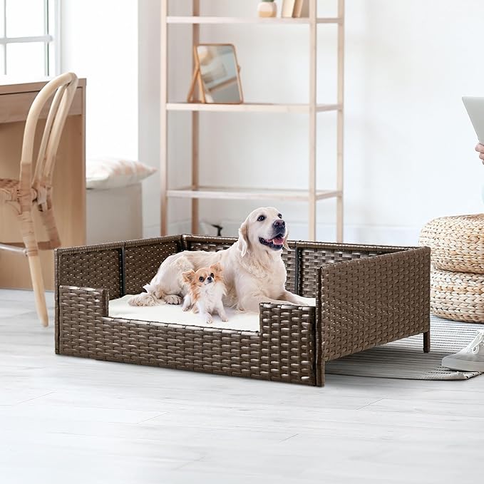 YITAHOME Rattan Dog Sofa Bed with Cushion,Wicker Pet Bed Sofa Couch Indoor Outdoor Water Resistant for Large Medium Small Dogs Cats (38.6''L*26.4''W*15''H,Beige)