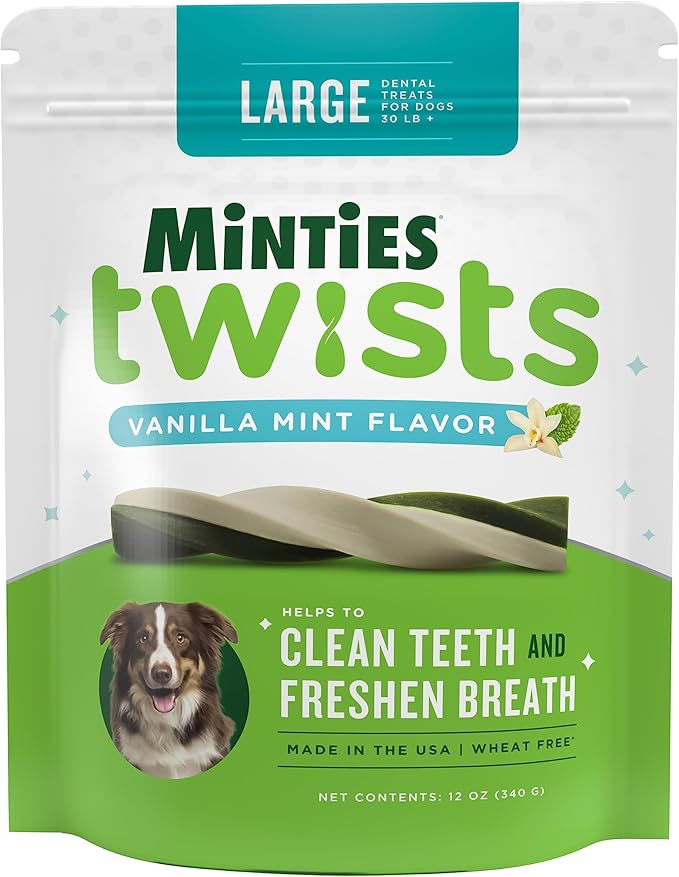 Minties Twists VetIQ Dog Dental Bone Treats, Dental Chews for Medium/Large Dogs (Over 40 Lbs), 20 Count