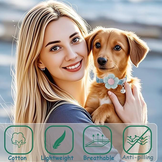 Puppy Collars for Litter, Small Dog Collar with Flower, XS Dog Collars for Small Dogs with Bell for Girl Boy Little Dog(Green + Blue)