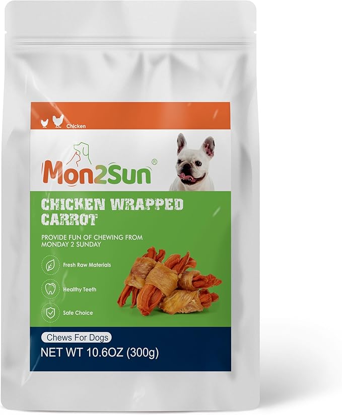 MON2SUN Rawhide Free Dog Treats, Chicken Wrapped Carrot Snacks, Healthy and Natural Chews for Small Dogs, 10.6oz (15 Count - Pack of 1)
