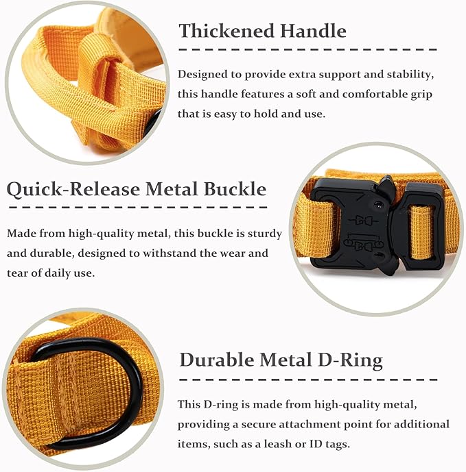 Tactical Dog Collar, Adjustable Military Training Nylon Dog Collar with Control Handle and Heavy Quick-Release Metal Buckle for Small Medium Large Dogs, Yellow XXL