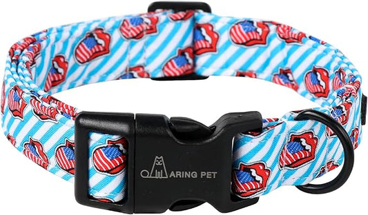 ARING PET 4th of July Dog Collar-Cotton Patriotic Dog Collar, Adjustable Tongue Print Pet Collar Puppy Collars with Quick Release Buckle for Small Medium Large Dogs