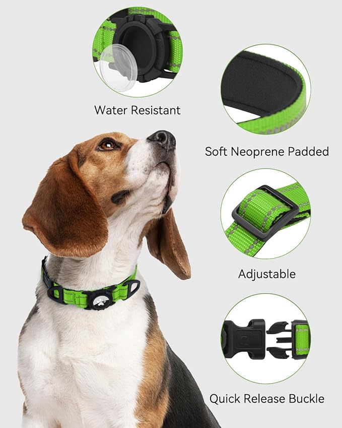 Joytale Airtag Dog Collar, Dual D-Rings, Reflective Pet Collar with Waterproof AirTag Holder, Soft Padded Adjustable for Medium Dogs, Green, M