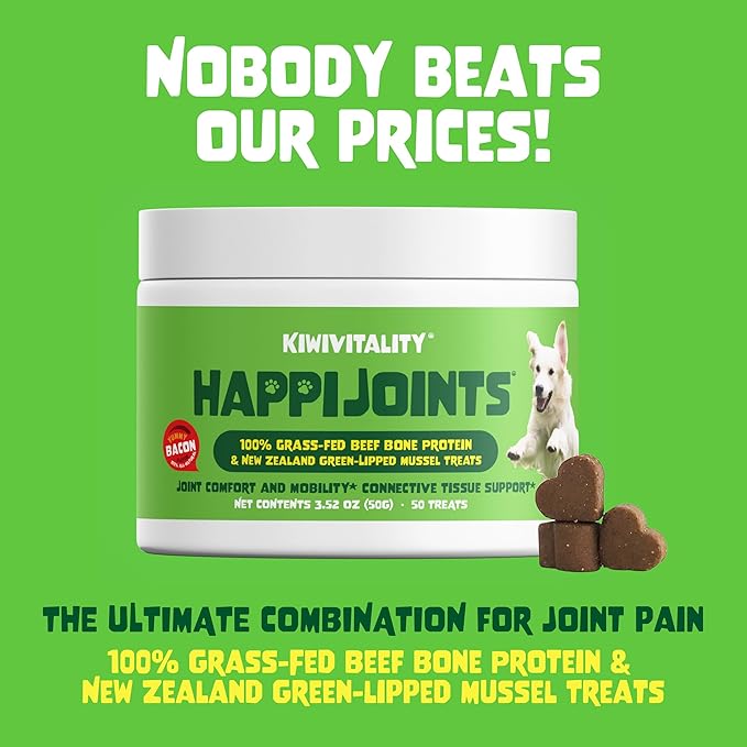 HappiJoints Hip and Joint Supplement Treats for Dogs, Cats • 100% Grass-Fed Beef Bone Collagen New Zealand Green-Lipped Mussels • 200 Treats 2-Pack