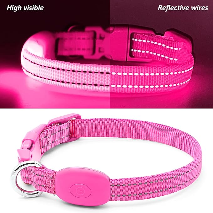 Illumifun LED Dog Collar USB Rechargeable Light Up Dog Collar, Adjustable Safety Collar Light for Small Dogs Cats Glow in The Dark (Pink, X-Small)