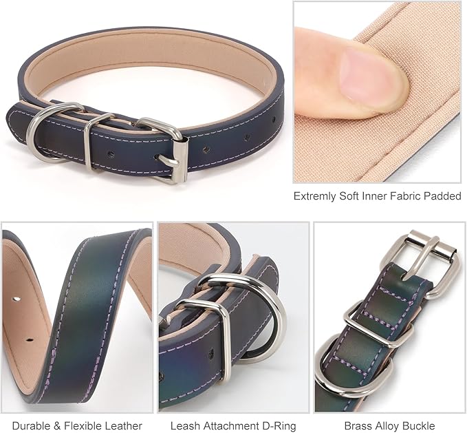WHIPPY Leather Dog Collar for Medium Large Dog Adjustable Soft Leather Padded Puppy Collar with Alloy Buckle Heavy Duty Waterproof Classic Dog Pet Collar