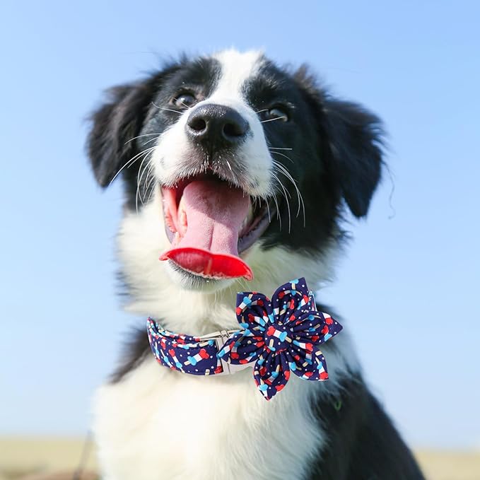 American Flag Dog Collar with Flower, 4th of July Comfortable Cotton Cute Dog Collar with Metal Buckle, Patriotic Flower Collar for Puppy Girl Boy Dog, M
