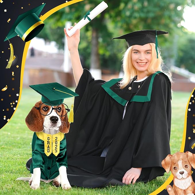 5 Pcs Dog Graduation Costume Set Include 2025 Pet Graduation Gown with Stole Puppy Grad Cap Lensless Glasses DIY Letter Stickers for Dogs Cats Holiday Costume Accessory(Green Yellow,XL)