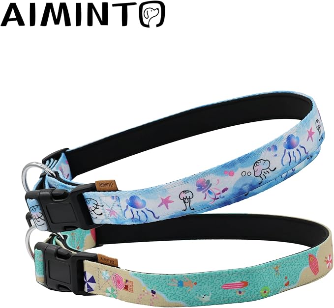 Dog Collar, Cute Jellyfish in Ocean Pattern, Neoprene Padded and Adjustable Collar with Quick Release Buckle, Reinforced Structure (L (Neck 18-28", Width 1"), Ocean Blue)