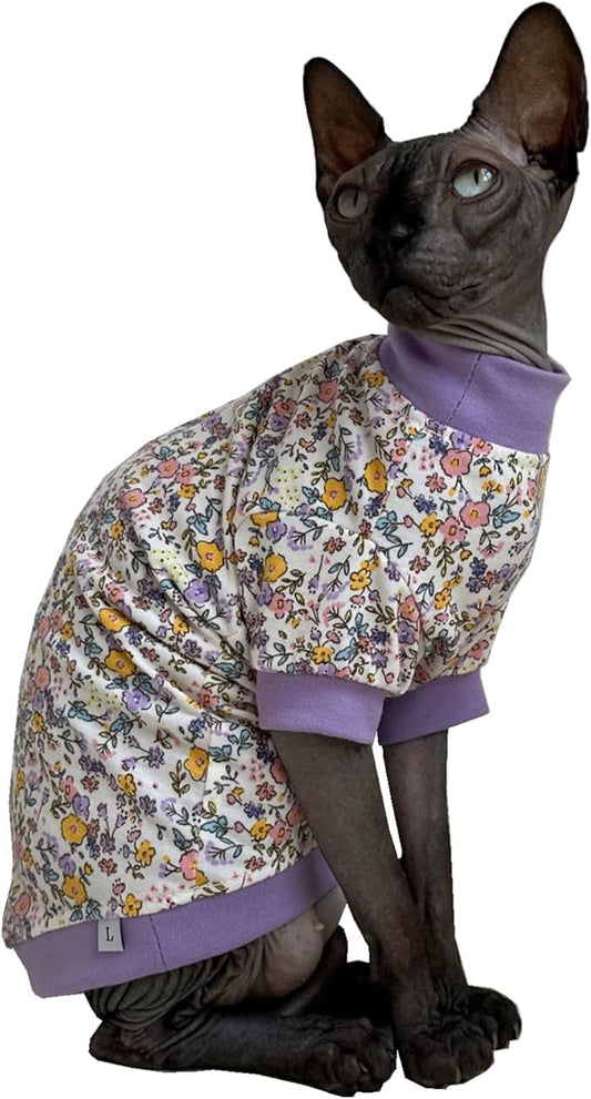 Sphynx Hairless Cat Cute Summer Cotton T-Shirts Pet Clothes,Round Collar Kitten Shirts Cats Apparel (Flor Do Campo, X-Large (Pack of 1))