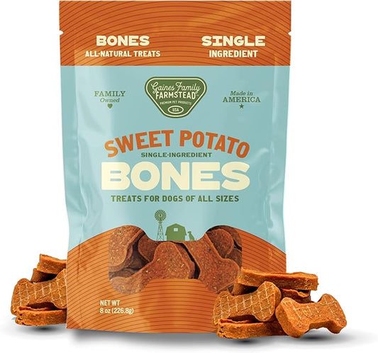 Gaines Family Farmstead Sweet Potato Dog Bones – 8 oz, All-Natural, Single Ingredient, Grain-Free Dog Treats for Digestive Health, Training & Rewards – High-Fiber, Made in USA