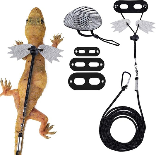 Bearded Dragon Lizard Leash Harness, Adjustable Lizard Leash Accessories Winged Bearded Dragon Rope with Hat and 3 Sizes Leather Harness for Lizard Chameleon Amphibian