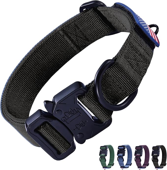 KCUCOP Heavy Duty Dog Collar - Adjustable Tactical Military Dog Collars with Metal Buckle, Quick Release, 2 D-Rings & Flag Patch for Medium & Large Dogs(Black-M)