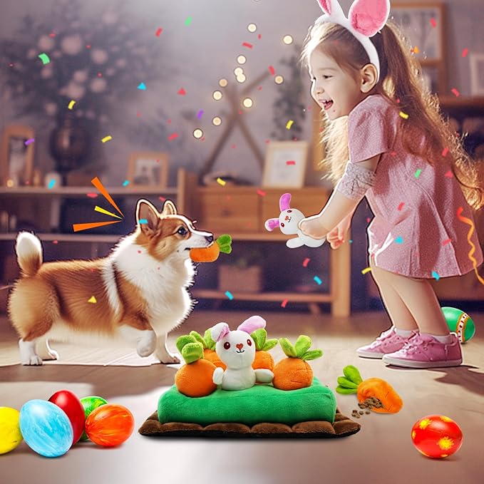 Easter Dog Toys, Hide and Seek Dog Toy, Squeaky Interactive Puzzle Dog Toys for Boredom and Stimulation, Easter Dog Gift for Small and Medium Dogs (Carrots & Rabbits, Pack of 7)