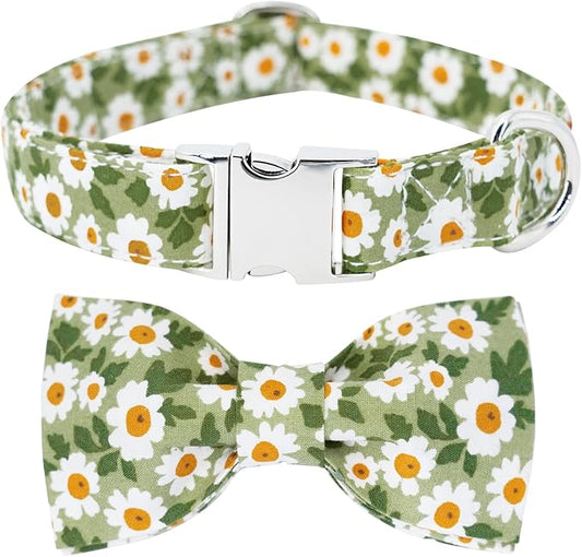Tunkoo Dog Collar Floral with Elegant Bow Tie Soft Comfy Cotton Adjustable Collar, Premium Metal Buckle for Puppy and Cat Small Medium Large(Green Flowers,L)