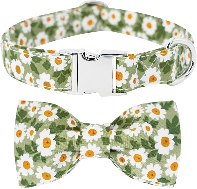 Tunkoo Dog Collar Floral with Elegant Bow Tie Soft Comfy Cotton Adjustable Collar, Premium Metal Buckle for Puppy and Cat Small Medium Large(Green Flowers,M)