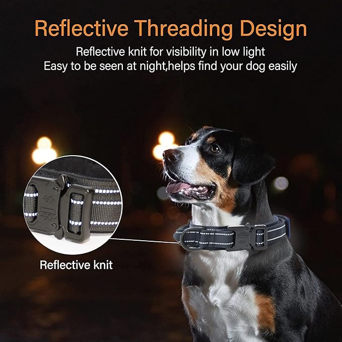 KCUCOP Tactical Dog Collar for Medium & Large Dogs - Military Nylon Heavy Duty Collar with Handle, Reflective Strip & Metal Buckle for Training, Outdoor (Black Reflective, XLarge)
