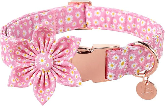 Summer Cotton Cute Pink Flower Collar for Small Dogs, Comfortable Blue Collar with Metal Buckle, S, Neck 10-16in