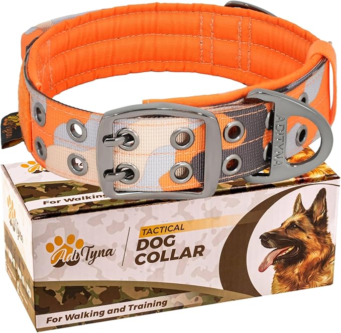 ADITYNA Heavy Duty Dog Collar for Large Dogs - Camo Orange Collar with Handle for Training, and Walking - Wide, Thick, Tactical, Soft Neoprene Padded
