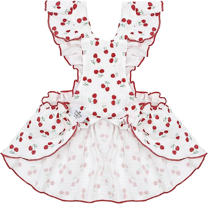 CuteBone Cotton Dog Dress Cherry with Leash Ring & Sleeve Ruffles, Soft & Breathable, Stylish Pet Clothes Outfit for Small Dogs, Comfortable & Easy to Wear CFX01M