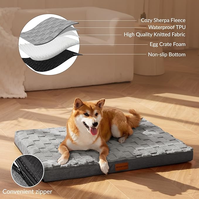 Patas Lague Orthopedic XXL Dog Bed for Extra Large Dogs 48''X30'', Waterproof Soft Warm Comfortable Egg Crate Foam Big Large Pet Beds Mat with Removable Washable Cover and Nonskid Bottom, Grey
