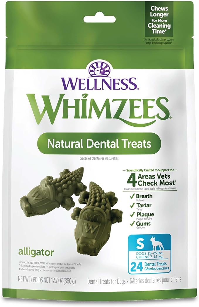 Wellness WHIMZEES Alligator Dog Dental Treats, Natural Chews, Small Size, (24 Count)