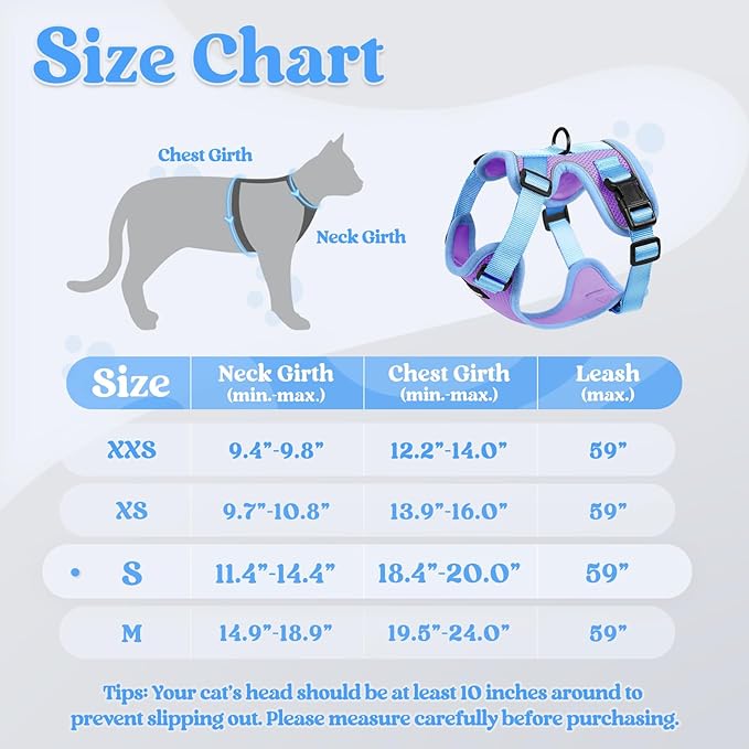 rabbitgoo Cat Harness and Leash Set, Escape Proof Soft Adjustable Vest Harnesses for Outdoor Walking, Easy Control Breathable Kitten Jacket with Reflective Strips, Purple & Blue, S