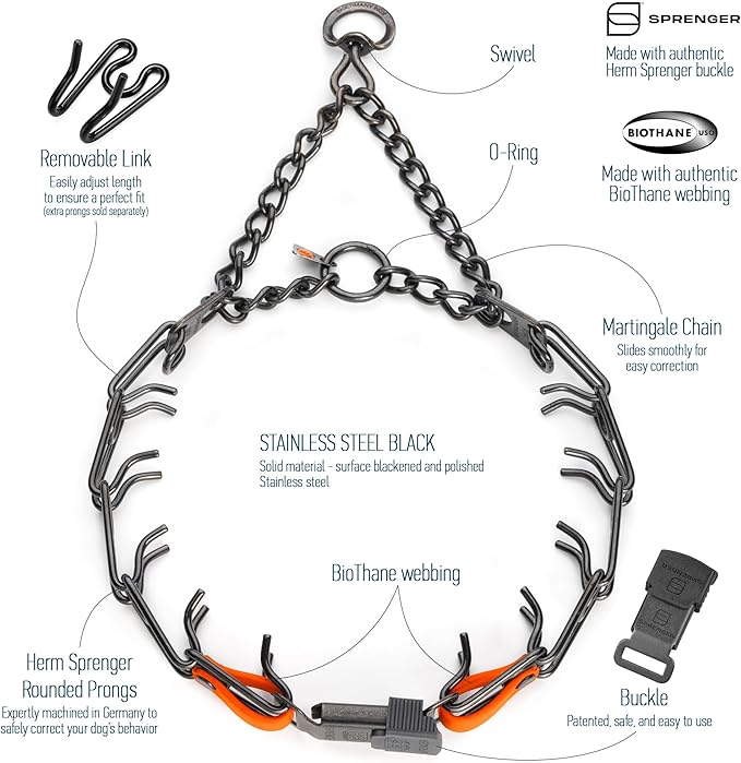 Herm Sprenger Black Stainless Steel Dog Collar with Quick Release ClicLock Buckle and Biothane Insert Training Collar Made in Germany (Hunter Orange, 23in x 3.2mm(Neck Size up to19-20in))