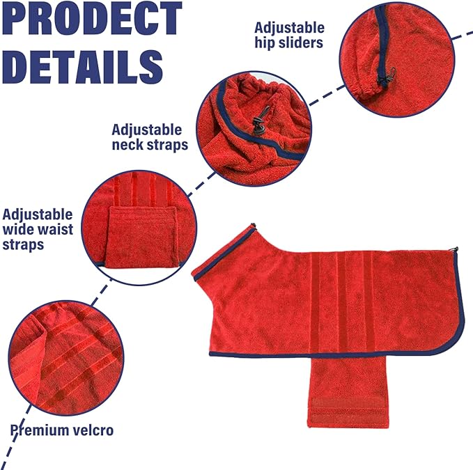 Dog Drying Coat - Fast Drying Dog Towel Robe - Microfiber Super Absorbent Pet Bathrobe, Adjustable Collar & Belly Strap Pet Coat Pet Bath Robe Towel (XXX-Large, Red)