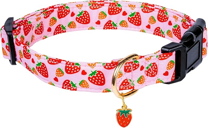Cute Cotton Dog Collar for Small Medium Large Dogs Special Design Cute Pink Strawberry with Pendant for Girl Female Dogs Soft Adjustable Strawberry Puppy Collars for Girl Female Dogs Pet Collar