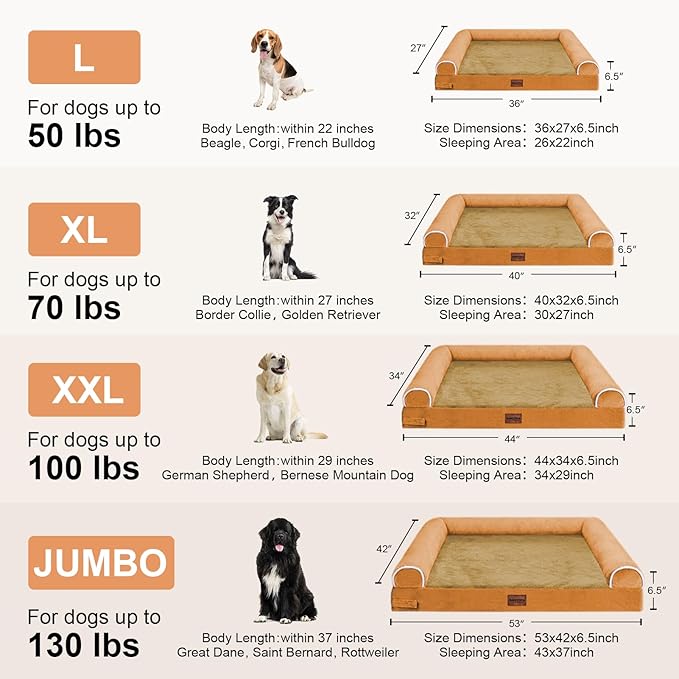 Large Dog Bed Orthopedic Washable: Beds Bolster XL Bed Big XLarge Dogs Egg Crate Foam Couch Sofa Waterproof with Removable Cover - Orange